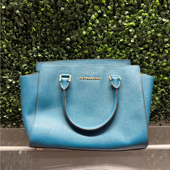 Michael Kors Handbags - Michael Kors Blue Saffiano Satchel with Gold Hardware